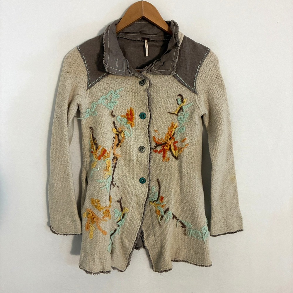 Free People Wool Cardigan Sweater Womens Size S (Fit XS) Embroidered Floral Boho